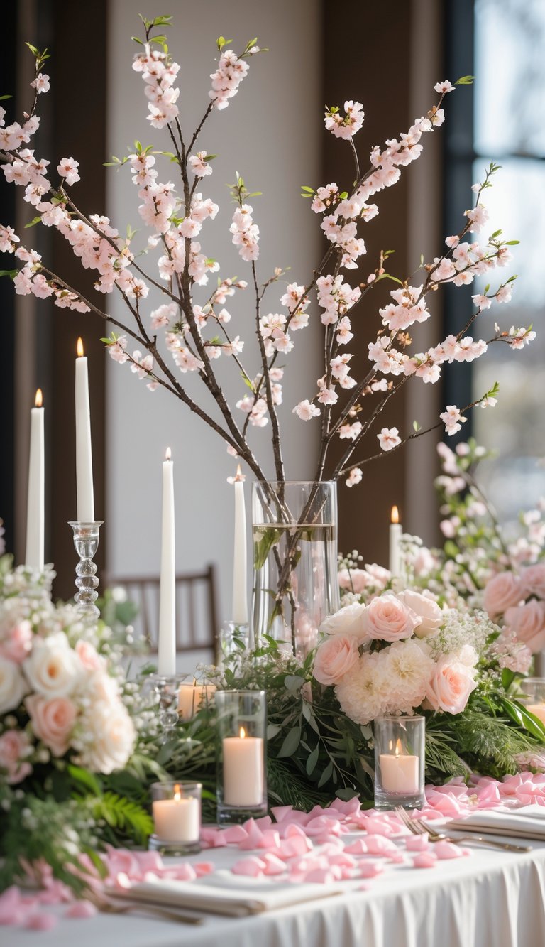A wedding entry table decorated with cherry blossom branches, pink petals, candles, and floral arrangements.